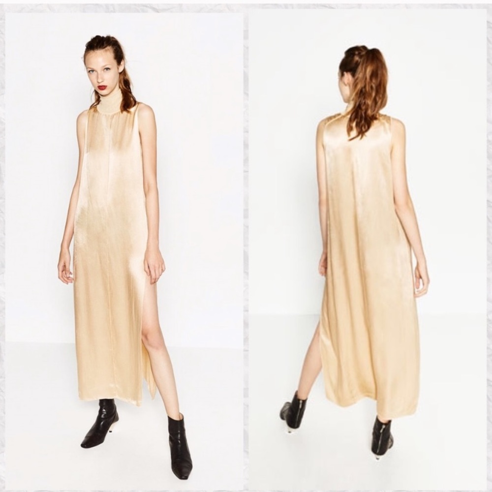 NWT Zara High Neck Gold Sateen Dress